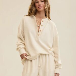 aerie Neutral Ivory Quarter Button Cotton Sherpa Henley Sweatshirt